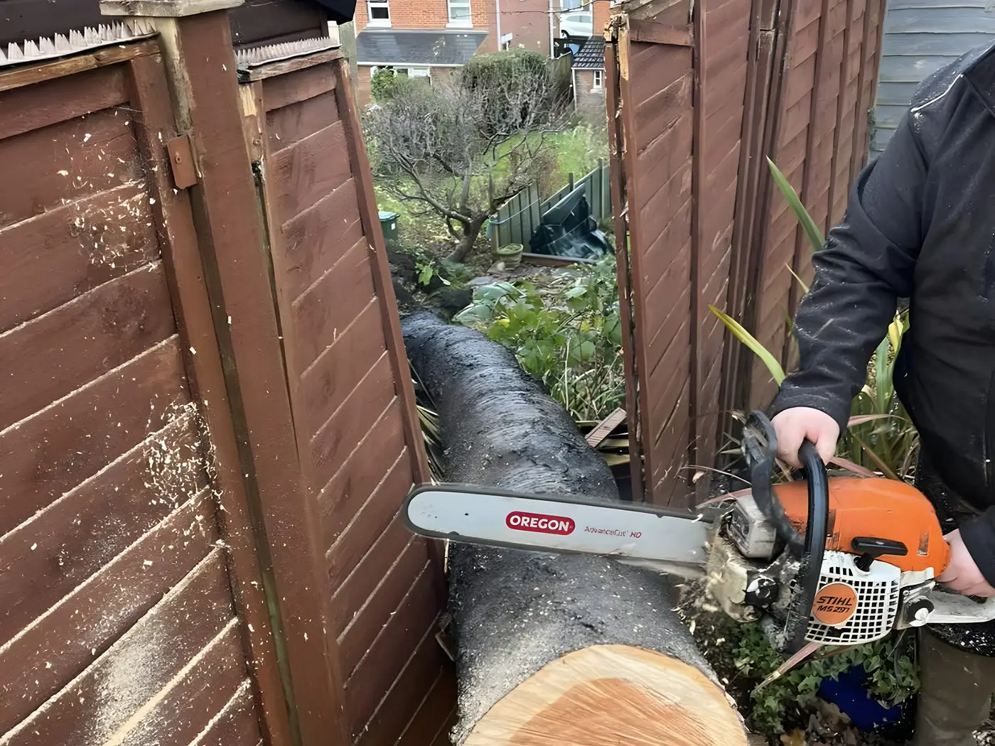 Chainsaw resting on a freshly cut log section beside a fence after a felling