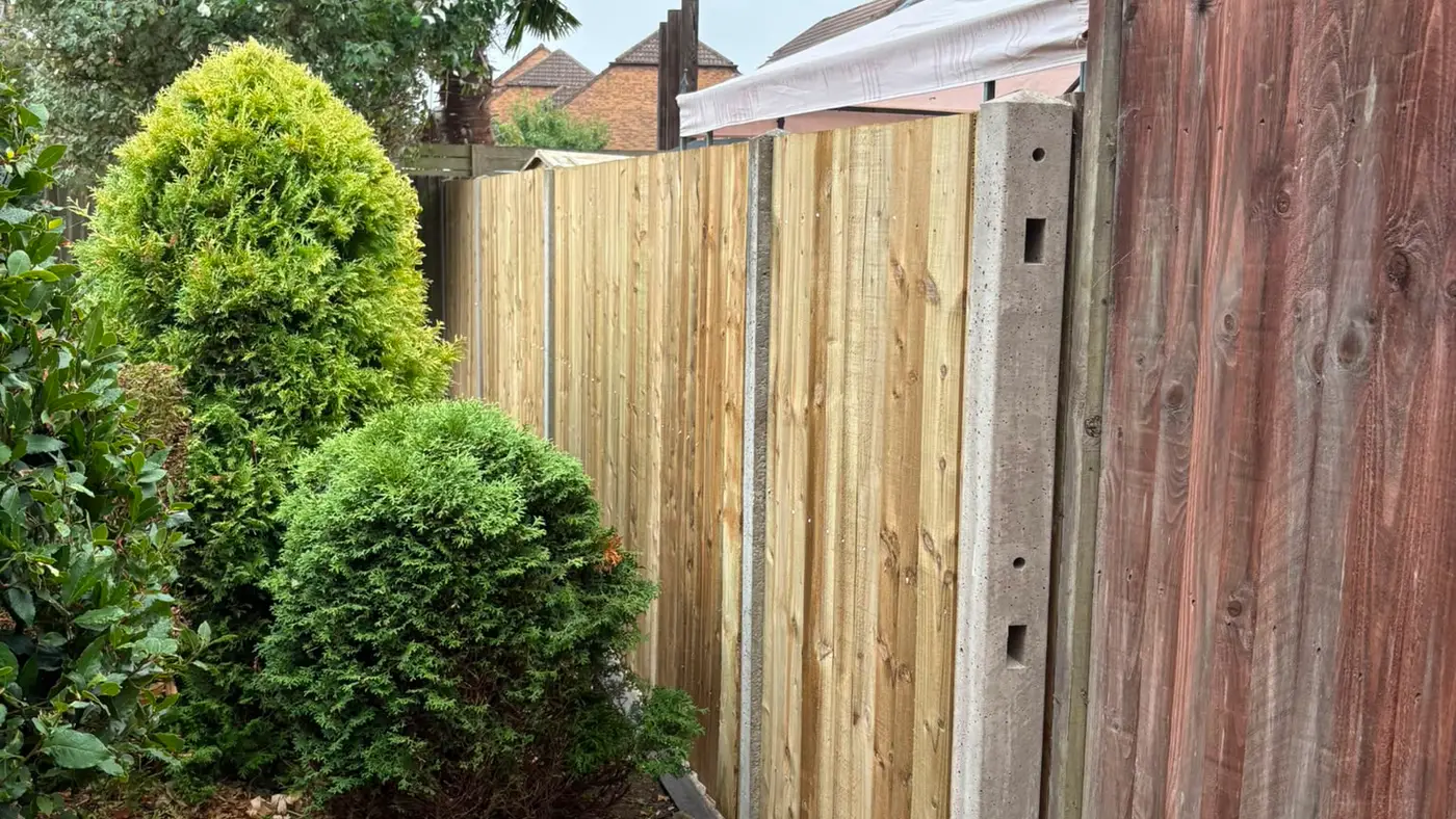 A newly built closeboard fence standing next to the weathered old fence it replaces