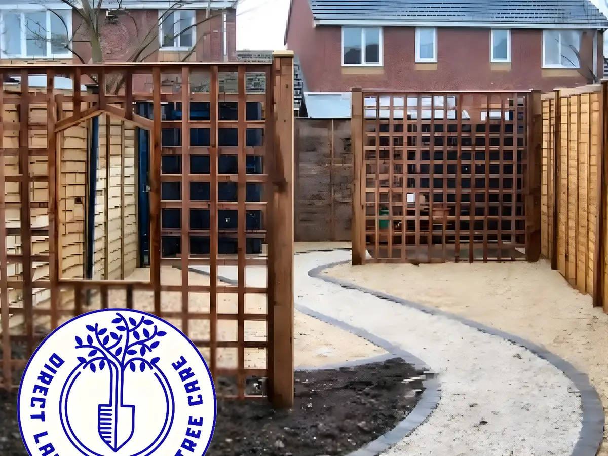 Curved gravel path with block edging leading to a trellis-topped timber fence and gate