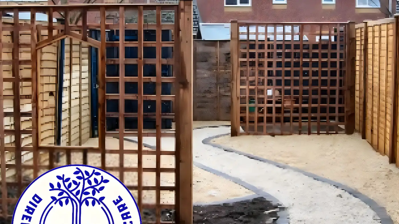 Curved gravel path with block edging leading to a trellis-topped timber fence and gate